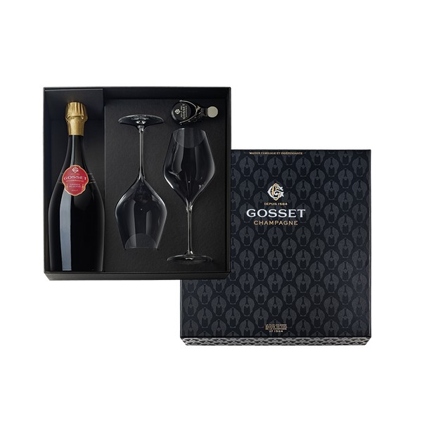 Champagne Gosset,  Giftbox incl. 1 fles Grande Reserve, 2 flûtes en 1 bottlestopper (0,75 l)